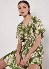 Tropical Leaf Print Satin Mini Dress, Green, large
