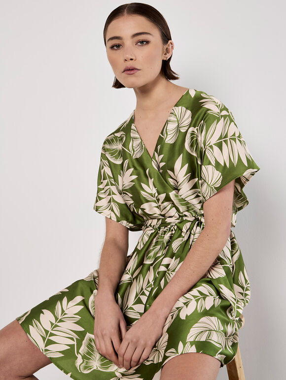 Tropical Leaf Print Satin Mini Dress, Green, large