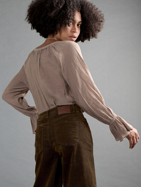 Flora Velvet Denim Wide-Leg Jeans, Brown, large