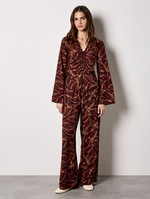 Abstract Print Ruched Front Blouse, Burgundy, large