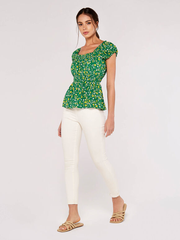 Ditsy Milkmaid Top, Green, large