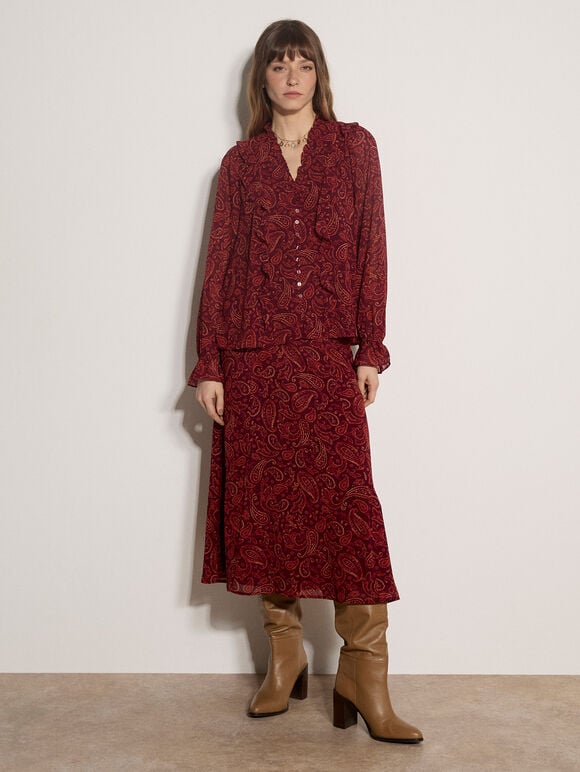 Chiffon Paisley A-Line Midaxi Skirt, Burgundy, large