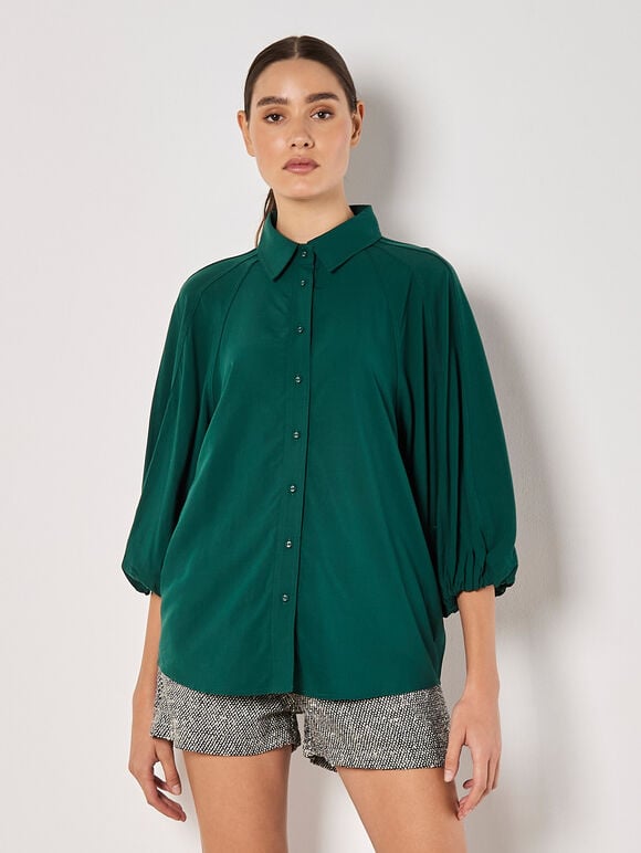 Seam Detail Puff Sleeve Shirt, Green, large