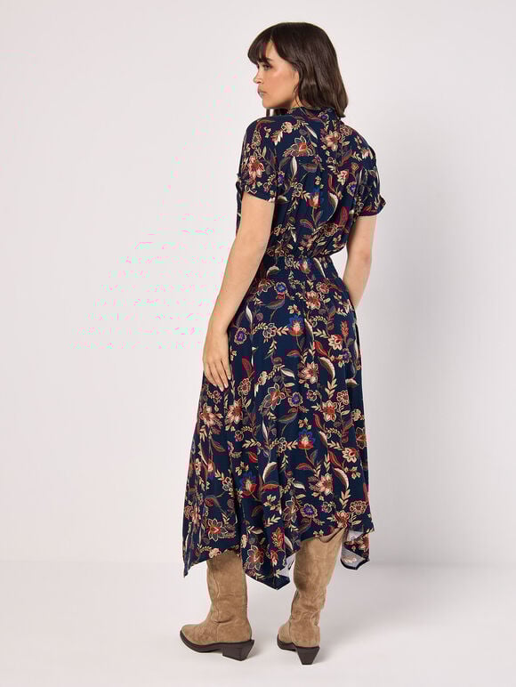 Sarasa Floral Shirt Midi Dress, Navy, large