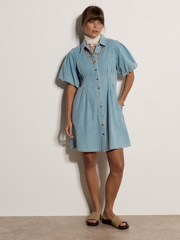 Cotton Denim Shirt Mini Dress, Blue, large