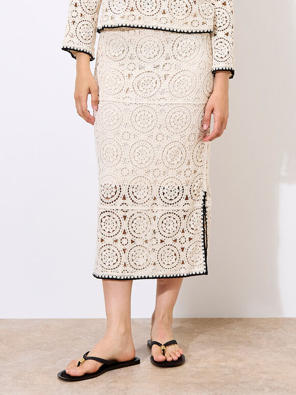 Crochet Circles Midi Skirt, Stone, large