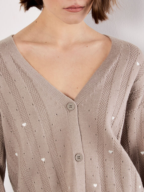Embroidered Heart Pointelle Cardigan, Brown, large