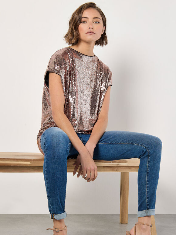 Sequin Cocoon Top, Brown, large