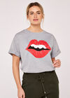 T-shirt graphique lèvres et dents, gris, grand