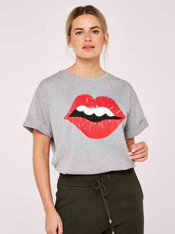 Lips And Teeth Grafik-T-Shirt, Grau, groß