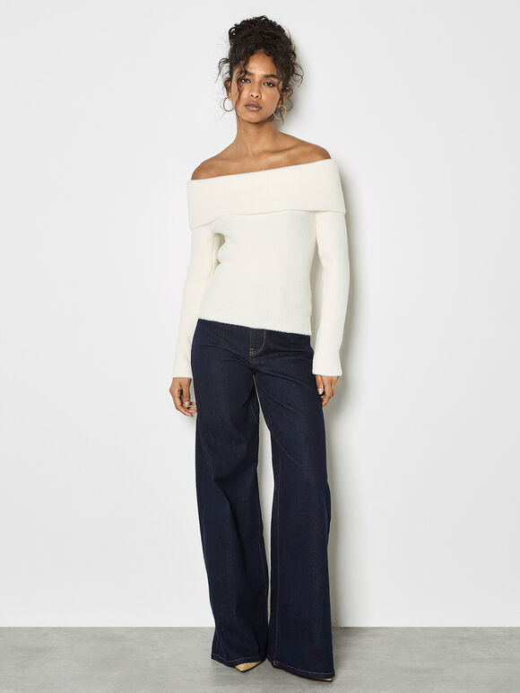Fluffy Bardot Jumper, Cream, large