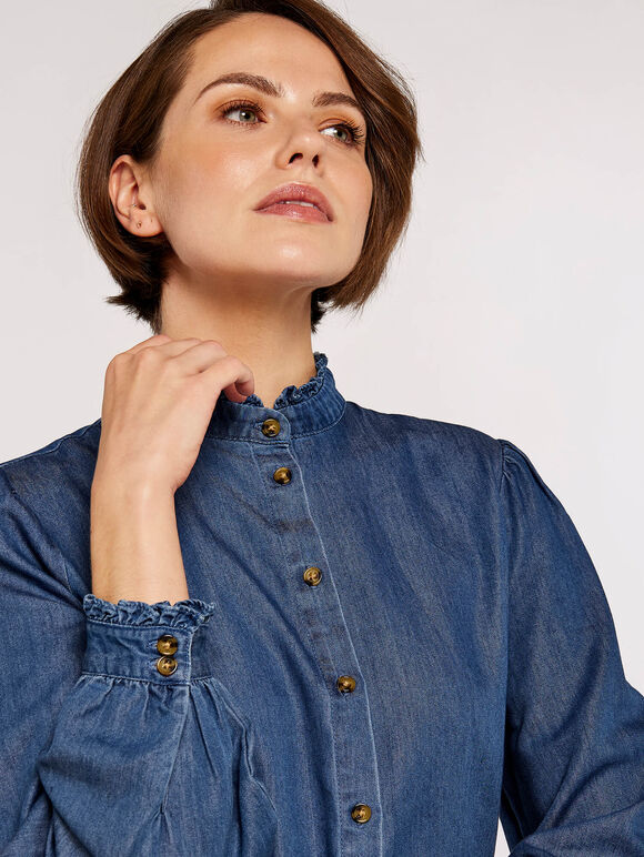 Ruffle Detail Denim Shirt, Blue, large