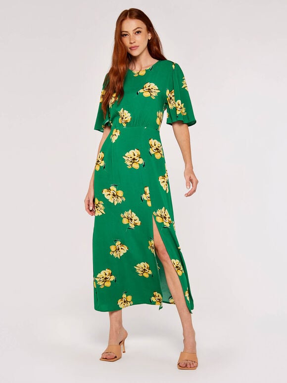 Floral Side Slit Dress, Green, large