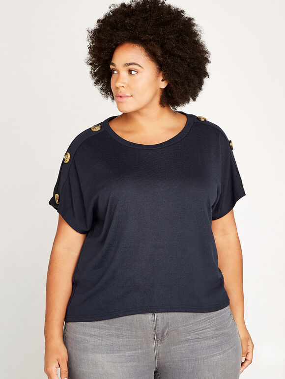 T-Shirt mit Knopfleiste und gebogenem Saum, Marineblau, Größe L