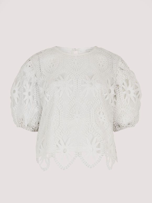 Lace Puff SleeveTop, White, large