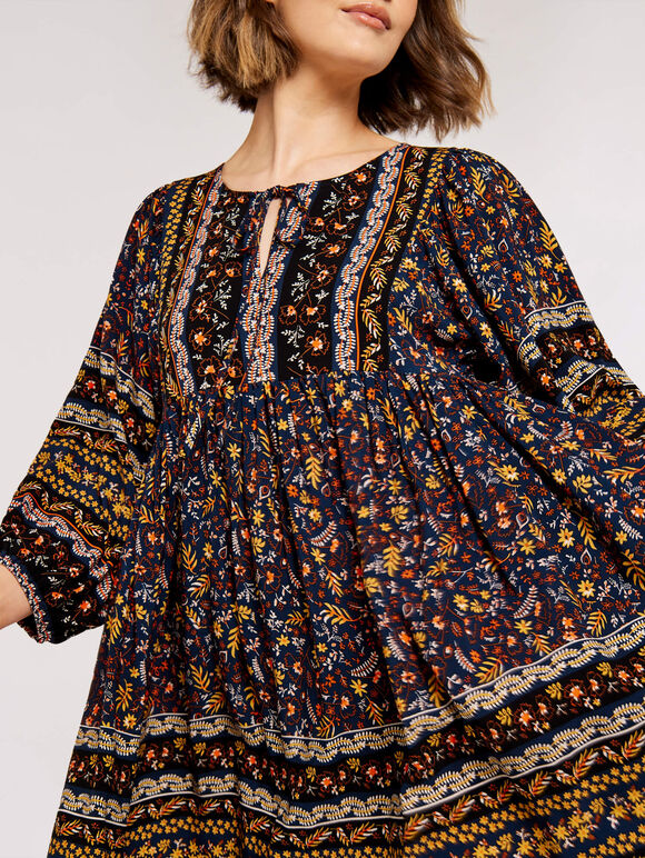 Folk Border Print Mini Dress, Navy, large