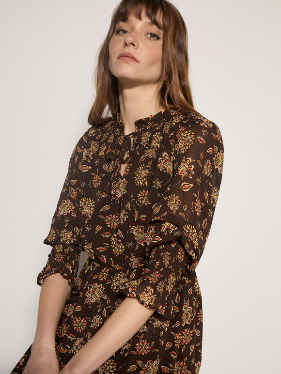 Folk Floral Chiffon Mini Dress, Brown, large