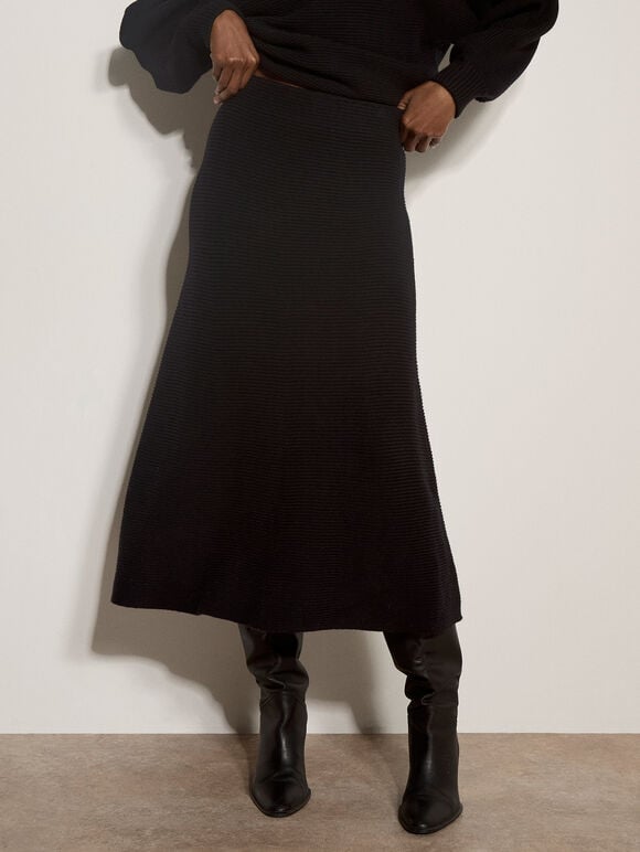 Ribbed Knit A-Line Maxi Skirt, Black, large