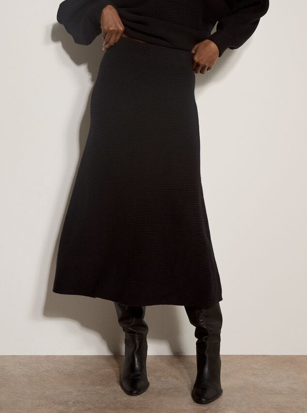 Ribbed Knit A-Line Maxi Skirt, Black, large