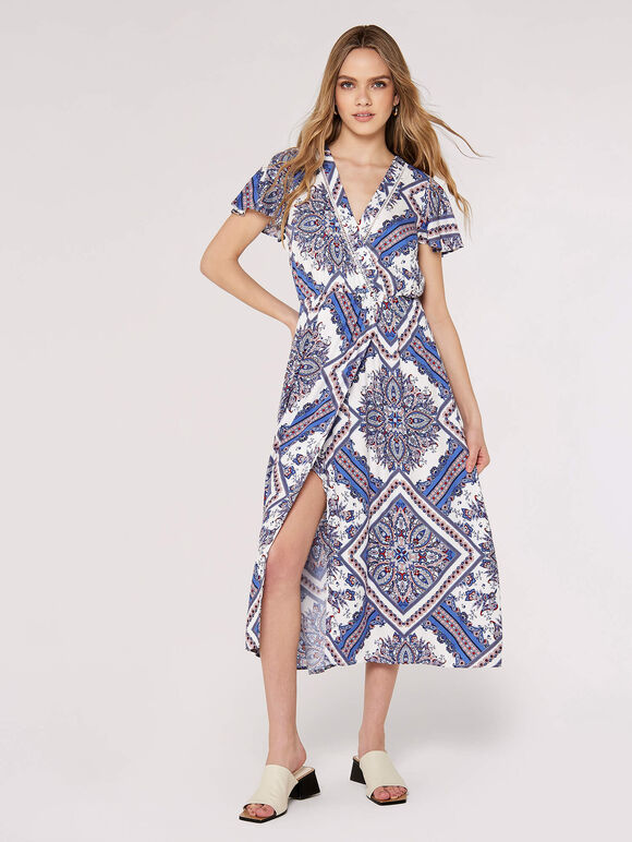 Midaxi-Kleid mit Schal-Print, Blau, Größe L