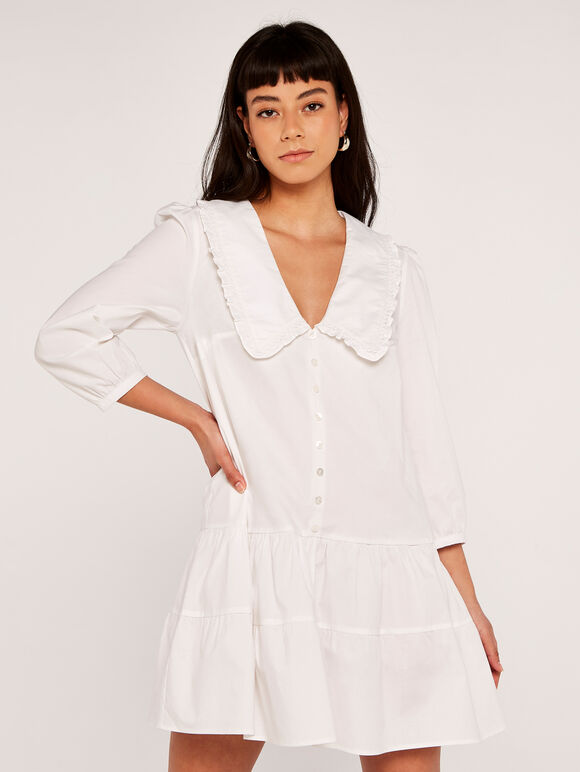 Hemdblusenkleid aus Popeline mit Spitzenkragen, Weiß, Größe L