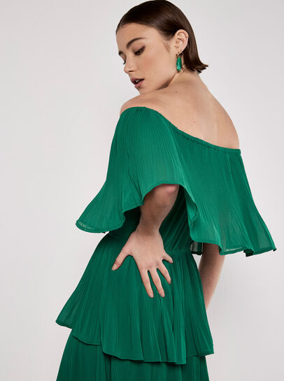 Plisse Tiered Bardot Mini Dress