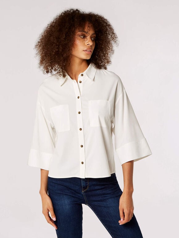 Cropped Wide Sleeve Shirt, White, large