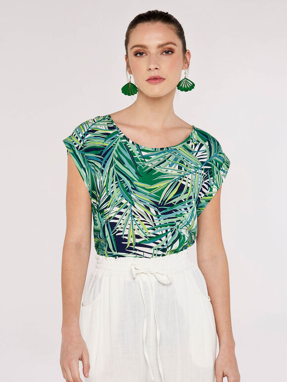 Tropical Palm Print Woven T-Shirt, Navy, large
