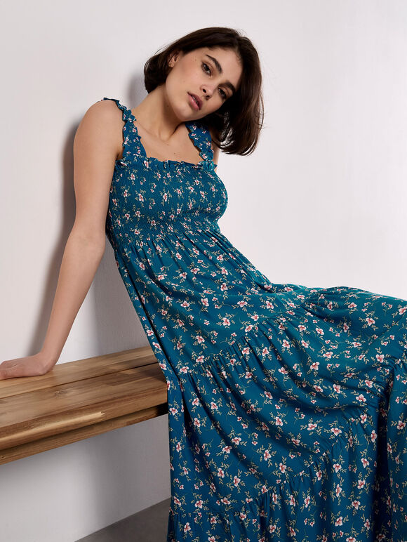 Orchid Print Smocked Midi Dress, Blue, large