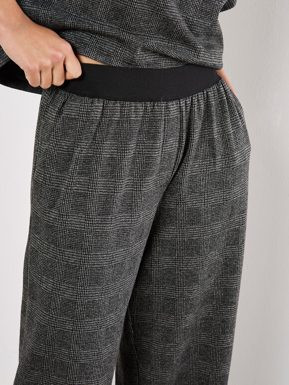 Check Print Wide Leg Trousers, Grey, large