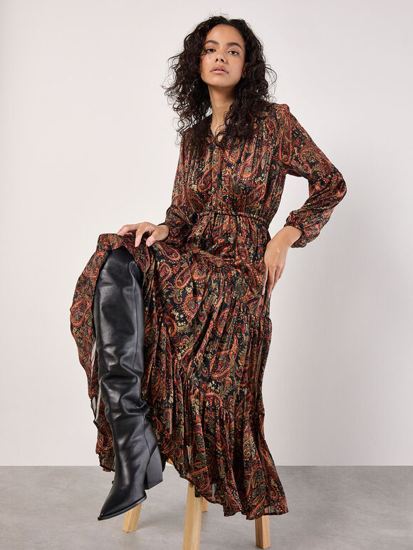 Paisley Sparkle Midaxi Dress, Black, large