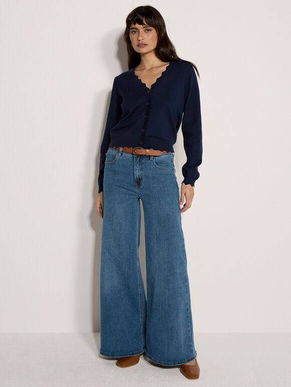 Scallop Hem Cardigan, Navy, large