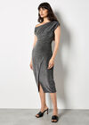Drape Shoulder Wrap Shimmer Midi Dress, Silver, large