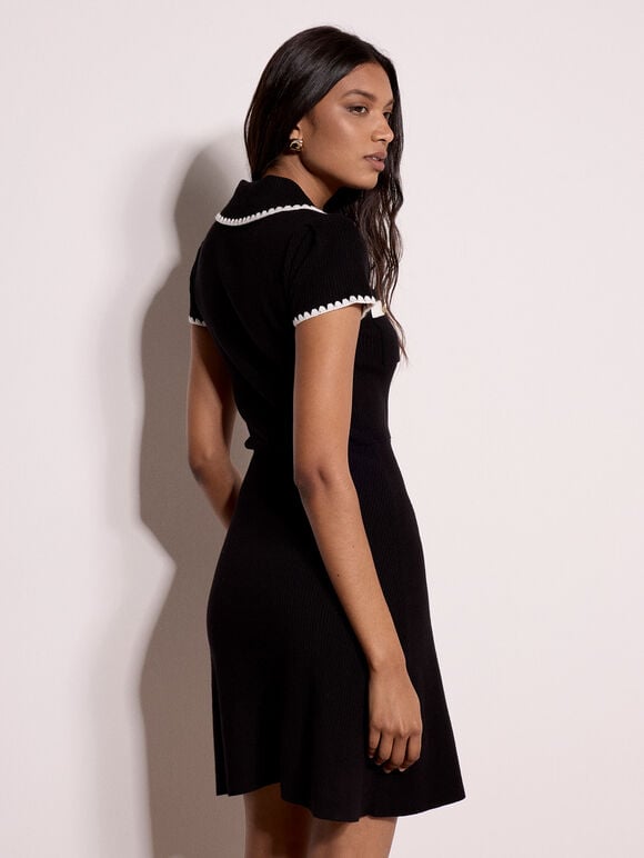 Blanket Stitch Knitted Mini Dress, Black, large