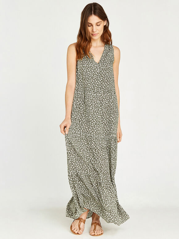 Ditsy Open V Neck Tiered Maxi Dress, Khaki, large