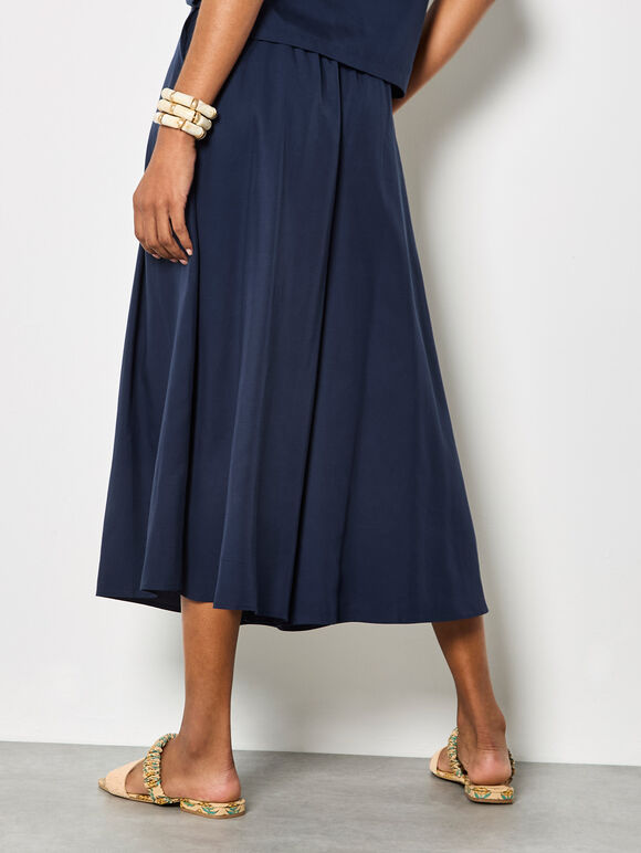Pleated Wide-Leg Culotte Trousers, Navy, large