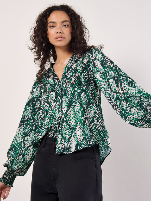 Snakeskin Hammered Satin Blouse, Green, large