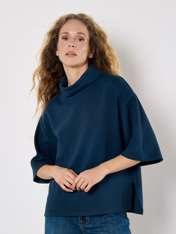 Waffle Knit Mock Neck T-Shirt, Blue, large