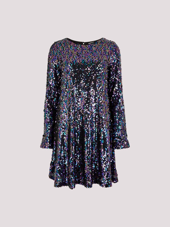 Sequin Swing Mini Dress, Black, large