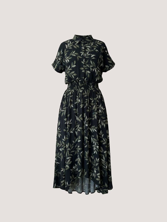 Leaf Print Shirt Midi Dress, Khaki, large