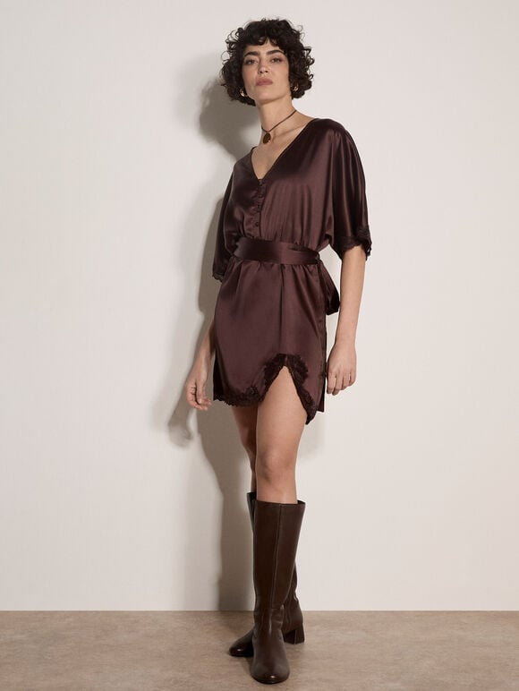 Lace Kimono Satin Mini Dress, Brown, large