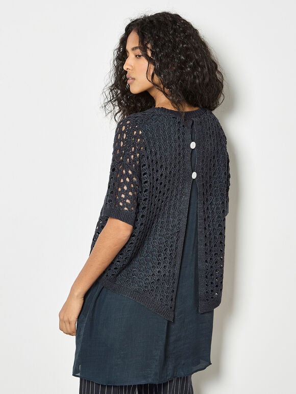 Shimmer Mesh Layered Tunic Top, Navy, large