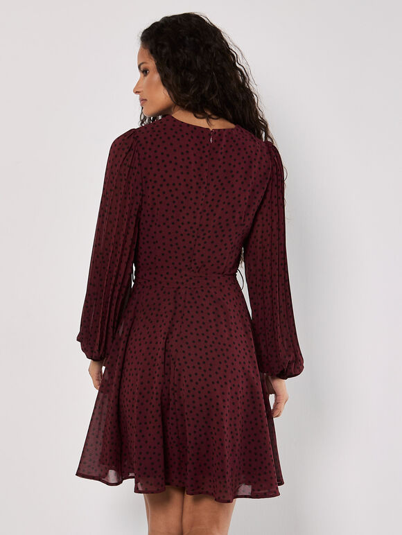 Chiffon Polka Dot Mini Dress, Burgundy, large