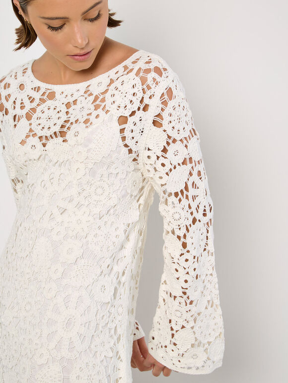 Floral Crochet Shift Mini Dress, White, large