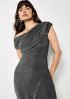 Drape Shoulder Wrap Shimmer Midi Dress, Silver, large