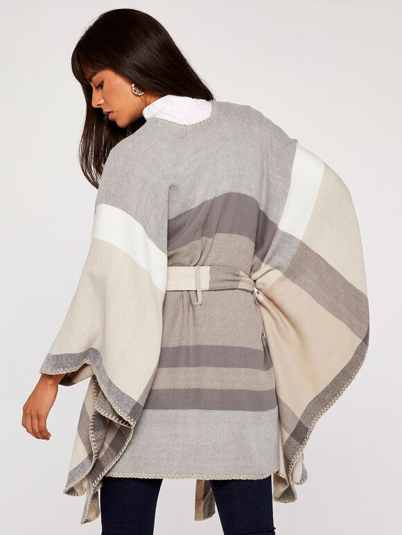 Soft Check Self Tie Blanket Cape, Stone, large