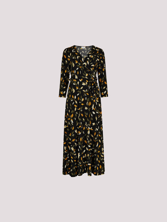 Leaf Print Wrap Maxi Dress, Black, large