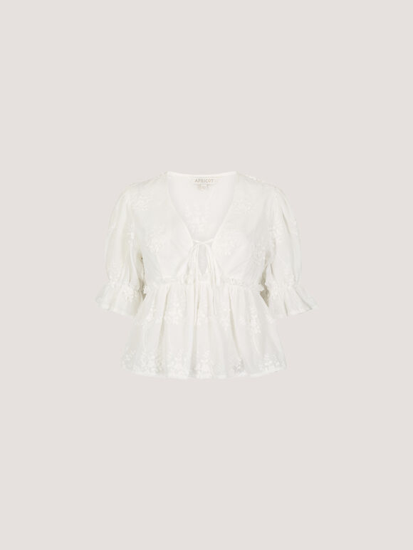 Floral Embroidered Cotton Crop Blouse, White, large