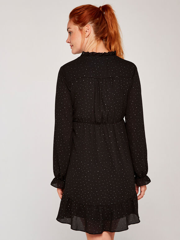 Silver Studs Long Sleeve Ruffle Dress, Black, large