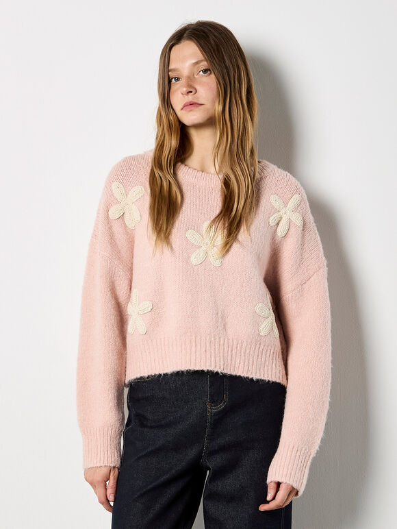 Crochet Daisies Boxy Jumper, Pink, large